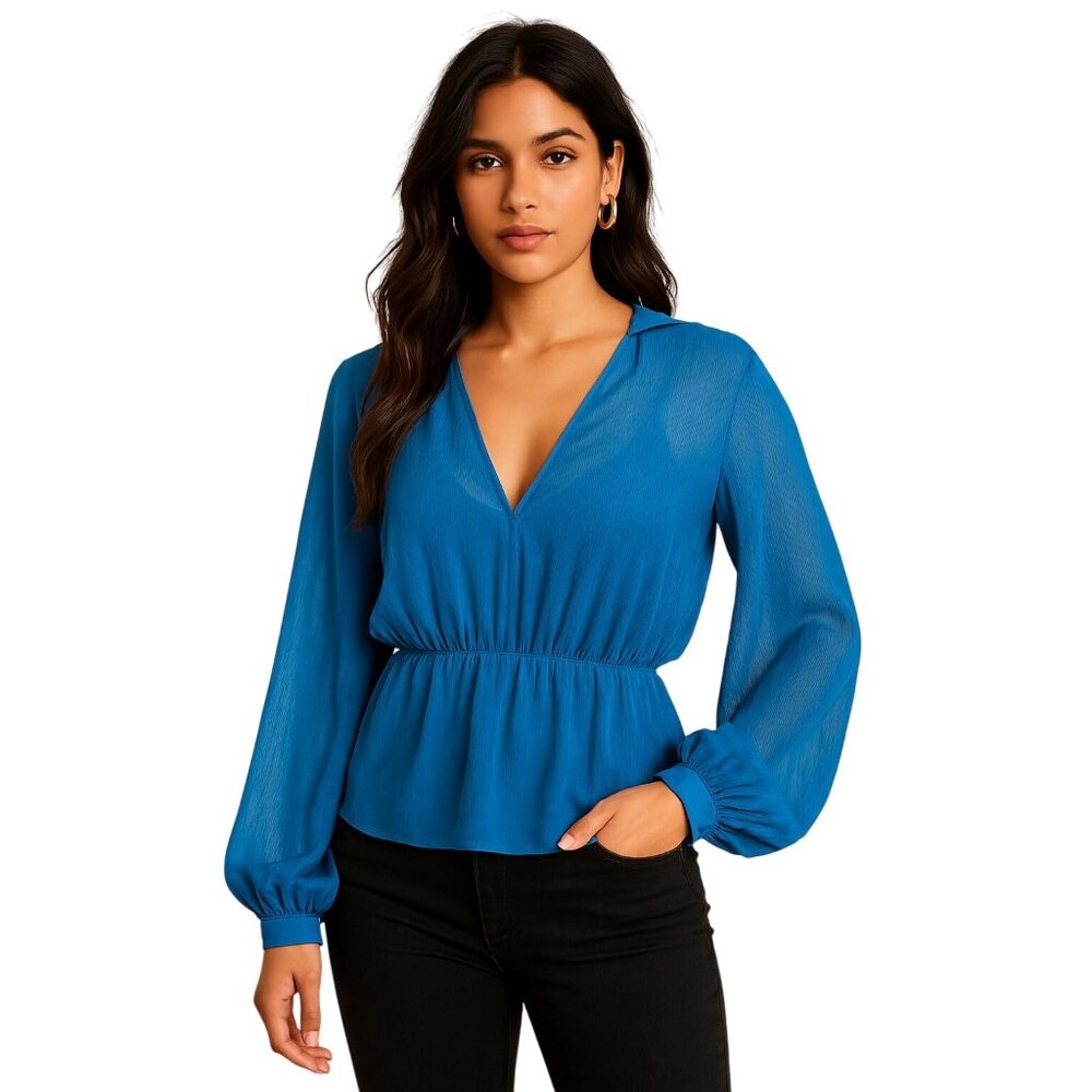 7th Avenue New York Company Large Teal Sheer Blouse V neck Long Sleeve City Chic - Picture 5 of 13